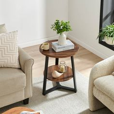 a living room with two couches and a coffee table in the middle, next to a window