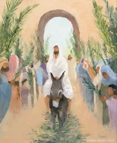 an oil painting of a man riding a donkey in front of a group of people