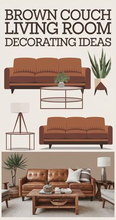 a living room with brown couches and other furniture in the same color palettes