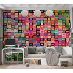 a living room filled with lots of furniture and colorful tiles on the wall behind it