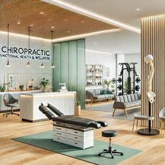 the interior of a beauty salon with chairs, tables and mirrors on the walls that read'chiropracc functional health & wellens