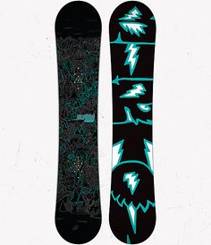 the snowboard is black with blue and white designs on it's bottom half