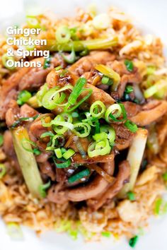 chicken and spring onion stir fry on top of rice