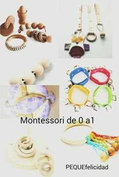 the collage shows different types of wooden toys and accessories for children to play with