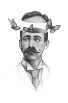 a pencil drawing of a man with butterflies on his head and the image of a mustache