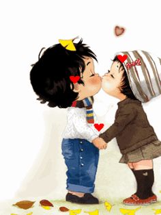 two children are kissing each other with hearts on their foreheads and one is wearing a hat