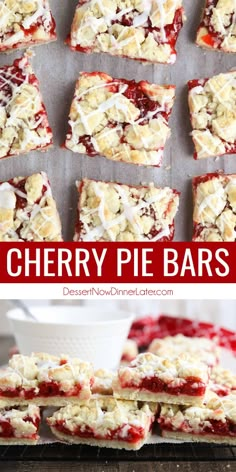 cherry pie bars on a baking sheet with the words cherry pie bars overlayed