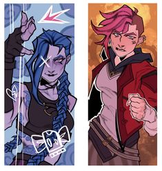 two pictures of the same character, one with pink hair and one with blue hair