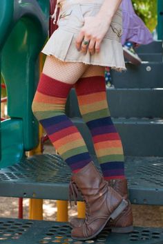 Extraordinary Harvest Rainbows | Sock Dreams Rainbow Thigh High Socks, Funky Tights, Socks Outfit, Rainbow Socks, Striped Tights, Bright Stripes, Funky Outfits, Thigh High Socks, Long Socks