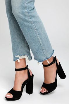 Lovely Black Heels - Vegan Suede Heels - Platform Heels Platform Ankle Strap Heels, Prom Heels, Velvet Heels, Sorority Recruitment, Heels Platform, Cute Boots, Platform High Heels, Prom Shoes, Pointed Toe Heels