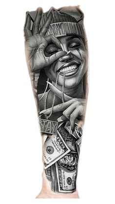 a man's leg with money on it and his face painted in black ink