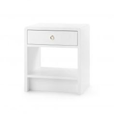 a white nightstand with two drawers and one drawer on the bottom, in front of a white background