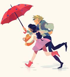 two people are running with an umbrella in the rain and one person is holding a teddy bear