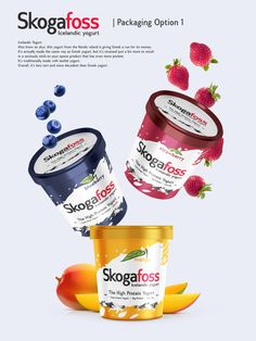 three yogurts are flying in the air with strawberries and bananas around them