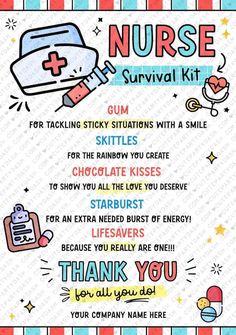 a nurse appreciation card with the words nurse survival kit and other medical related items on it