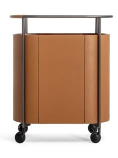 a brown cart with wheels and a metal handle on it's side, in front of a white background