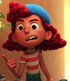 an animated girl with red hair and blue beret standing in front of a potted plant