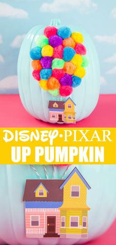 the disney pixar up pumpkin is on display in front of a house with colorful pom - poms