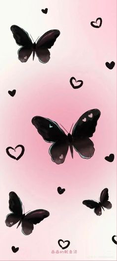 black and white butterflies flying through the air with hearts in the sky behind them on a pink background