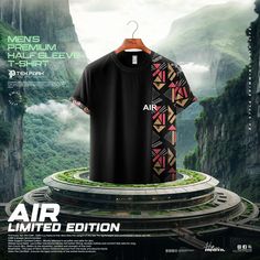 an advertisement for air is shown on the back of a t - shirt with mountains in the background