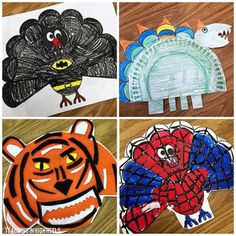 four different pictures of paper plates with animals and turkeys on them, one in the middle