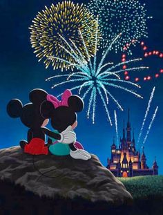 a mickey mouse and minnie mouse kissing on top of a rock with fireworks in the background