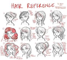 some sketches of hair references for the character's face and head, with different expressions