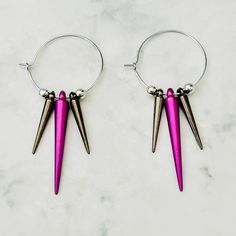 Handmade - Bright Fuchsia Pops Between The Gunmetal Spikes, Create This Edgy Pair Of Earrings. - Spike Beads - Acrylic - Silver Beads, Iron, 4mm - Hoops - Copper, 25mm, Hypoallergenic, Lead And Nickel Free Please Visit And Favorite My Shop: Https://Www.Etsy.Com/Shop/Wanderingbunnyshop Packaged With Care And Sent Straight To Your Door. Keywords: Spike Hoop Earrings, Spike Earrings, Minimalist Earrings, Hoop Earrings, Small Hoop Earrings, Silver Earrings, Goth Earrings, Punk Earrings, Punk Earring Adjustable Pink Hoop Earrings, Small Hoop Pink Pierced Earrings, Edgy Small Hoop Earrings As Gift, Pink Small Hoop Pierced Earrings, Pink Hoop Metal Jewelry, Small Pink Hoop Earrings Nickel Free, Adjustable Pink Pierced Hoop Earrings, Hypoallergenic Small Hoop Pink Earrings, Pink Hypoallergenic Small Hoop Earrings