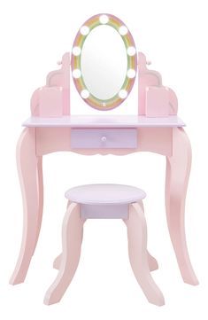 a pink vanity table with a mirror and stool on it's sides, against a white background