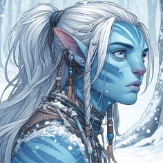 a woman with white hair and blue skin is standing in the snow