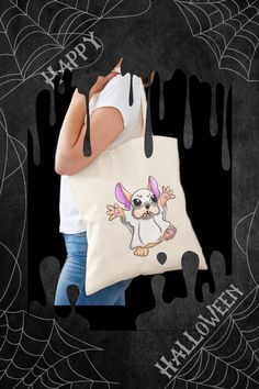 Looannsnook hand drawn vector design in cartoon style featuring a ghostly French bulldog with the phrase "I Boo’llgdog You", Boo the dog seems more ready to give a hug than to scare people. Unique Tote Bag on Redbubble. Pink, purple, orange, green and blue colors. Funny Tote Bags