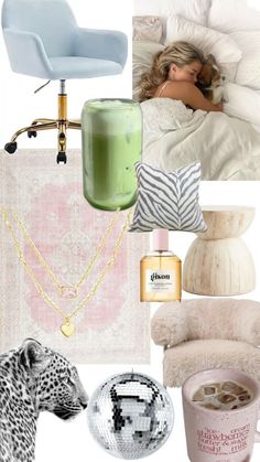 a collage of different items including a bed, chair and other things in the room