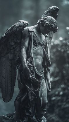 an angel statue is shown in black and white