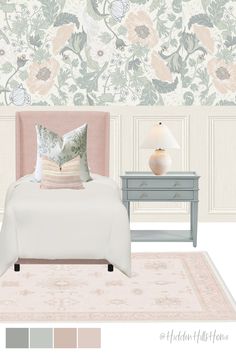 Girls bedroom decor mood board with pink and blue tones! This girls room features a gorgeous accent wall with floral wallpaper paired with a pink upholstered bed Pink Upholstered Bed, Pink And Teal Bedroom, Baby Blue Bedrooms, Girls Bedroom Green, Blue Girls Rooms, Girls Blue Bedroom, Bedroom Mood Board, Girls Bedroom Paint