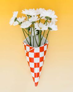 red and white checkered ceramic hanging 'bag' vase Waffle Cone Vases, Dream House Decor Office, Wall Vases With Flowers, Hanging Vases On Wall, Funky Vase, Funky Vases, Bag Wall, Italian Deli, Jesus Birthday