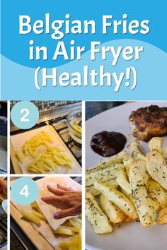 four pictures showing different types of food in the air fryer and how to cook them