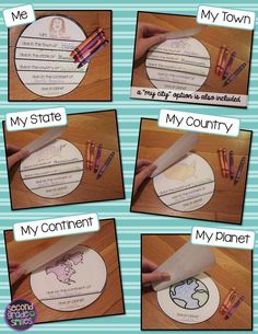 four pictures showing different types of writing with the words my state, my continent and my country