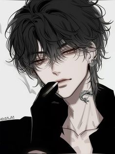 an anime character with black hair and piercings on his ears, wearing a black jacket