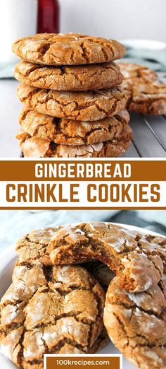 gingerbread crinkle cookies stacked on top of each other with the title above it