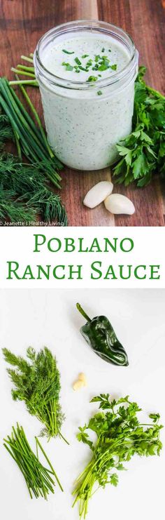 the ingredients for ranch sauce are shown in this collage, including parsley and garlic