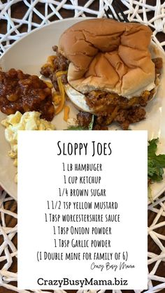 a menu for sloppy joes on a plate with macaroni and cheese