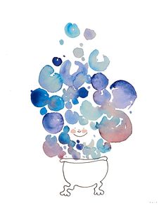 a drawing of blue bubbles coming out of a bathtub in watercolor on paper