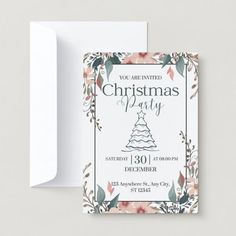 a christmas party card with flowers on it