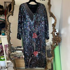 Gorgeous Vintage Beaded And Sequined Dress In Excellent Condition. Incredible Details And Beautiful Imagery And Colors! Can Be Worn Both Ways And Would Look Good Belted. Iridescent Dress, Sequined Dress, Sequin Beading, Sequin Dress, Colorful Dresses, Sequin, Long Sleeve Dress, Womens Sizes, The Incredibles