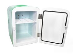 an empty mini fridge with the door open on a white background, showing it's interior