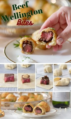 beef wellington bites are cut in half and placed on a plate with other food items