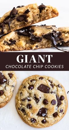 giant chocolate chip cookies are stacked on top of each other with the words giant chocolate chip cookies above them