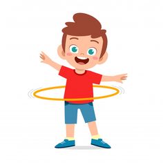 a young boy playing with a hula hoop, cartoon character illustration on white background