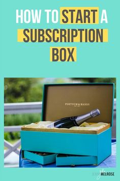 a blue box with a black bottle in it and the title how to start a subscription box