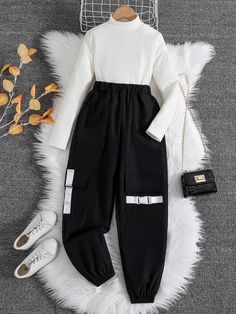 Black and White Casual Collar   Colorblock  Embellished High Stretch  Tween Girls Clothing Outfits For 12 Year Girl, Outfits For 12 Yo Girl, Cute Outfits For Kids 10-12, Cute Outfits With Shorts, Shein Kids, Summer Trends Outfits, Cute Dress Outfits, Casual Preppy Outfits